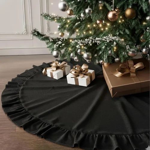 Miniatura 12 de Faldones de Felpa para Árbol de Navidad, 24 pulgadas, Lujosa Cubierta de Base de Árbol de Navidad de Piel Sintética Negra con Copos de Nieve Dorados