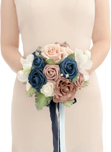 Ling's moment Ramos de flores artificiales de rosas y azules polvorientas para damas de honor, ramo floral azul marino, ramos de dama de honor
