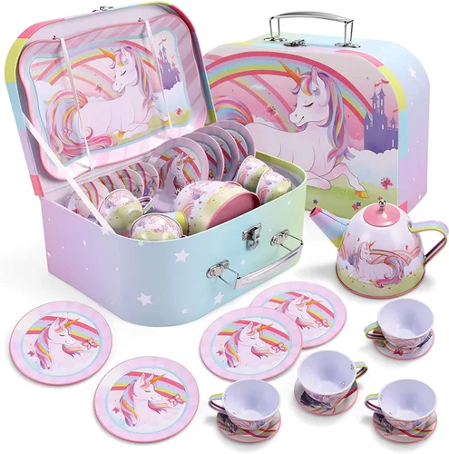 JOYIN Juego de fiesta de té de unicornio para niñas pequeñas, juego de tetera de lata rosa, juguete de cocina con tetera, taza, plato, estuche de