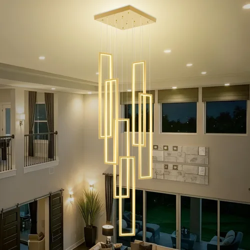 Miniatura 17 de Flashing God Candelabro moderno, candelabros cromados con 6 anillos LED, lámpara de techo alto más grande para sala de estar, lámpara rectangular