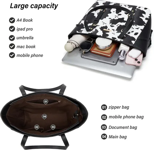 Miniatura 10 de Juego de 4 bolsas modernos para mujer de cuero sintético: bolso tote, bolso de hombro, bolso de mano y cartera.