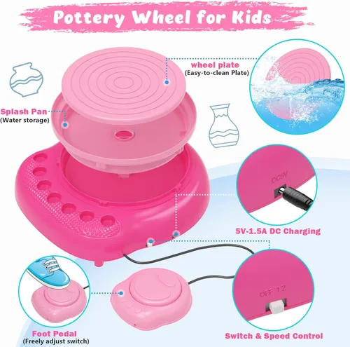 Miniatura 3 de TingingYuli Rueda de alfarería para niños, kit completo de alfarería y herramientas para principiantes, juguetes de artes y manualidades para niños