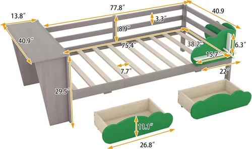 Miniatura 2 de Anwick Base de cama individual con escritorio y nido, sofá cama de madera con escritorio y estantes en forma de árbol verde, cama de plataforma
