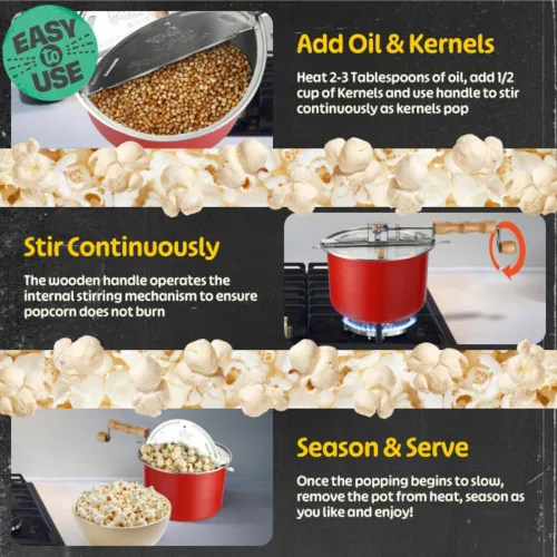 Miniatura 3 de Great Northern Popcorn Maker - Molde de 6.5 cuartos de galón con manivela de madera y agitador interno de granos de maíz (rojo)