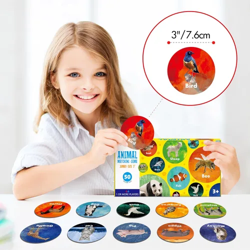 Miniatura 3 de Hebayy Juego de juego de animales realistas, 50 tarjetas redondas de memoria de animales para niños pequeños, 25 pares de tarjetas de memoria