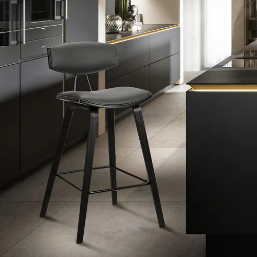 Miniatura 6 de Armen Living Fox - Taburete de bar moderno de mediados de siglo de piel sintética gris y madera negra de 25.5 pulgadas Piel sintética gris/negro