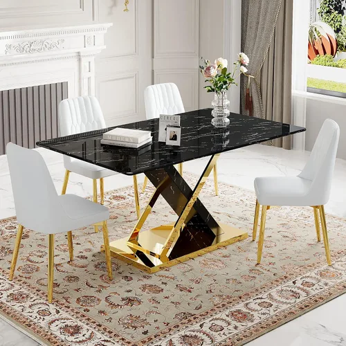 Miniatura 21 de Juego de mesa de comedor de mármol para mesa rectangular blanca de 4.63 pulgadas con marco de metal plateado en forma de X y 4 sillas de comedor