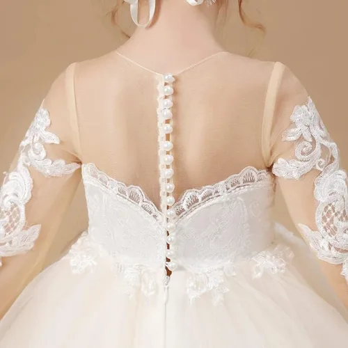 Miniatura 6 de Melinda - Vestidos de flores para niñas, apliques de encaje, tul de manga larga, vestido largo de princesa para boda, concurso