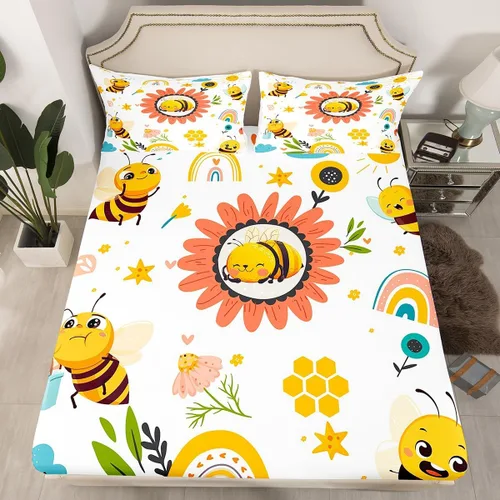Miniatura 7 de Sábana bajera ajustable de abeja amarilla tamaño individual, sábanas de abeja de dibujos animados kawaii para niños y niñas, juego de ropa de cama