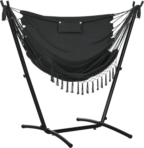 Miniatura 10 de Outsunny Silla hamaca de patio con soporte, hamaca para exteriores con bolsillo lateral y reposacabezas, color blanco crema