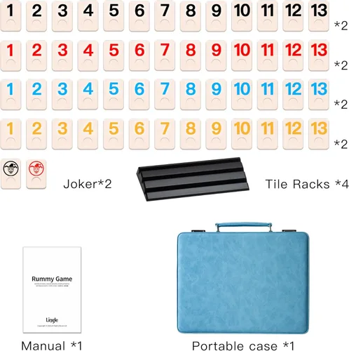 Miniatura 6 de Juego de Rummy, 2 a 4 jugadores con 106 fichas y 4 bastidores, juego de viaje Rummy con funda de piel sintética, divertidos juegos de mesa clásicos