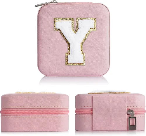 Miniatura 3 de Yqljew Joyero pequeño para niñas, joyero con iniciales de viaje para niñas, caja organizadora de joyas pequeña, organizador de joyas de viaje, caja