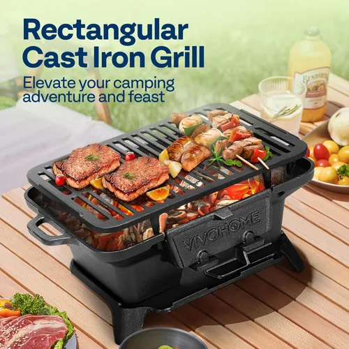Miniatura 2 de VIVOHOME Parrilla de carbón rectangular de hierro fundido con rejilla de doble cara, parrilla de barbacoa portátil al aire libre, estufa de mesa
