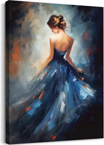 GLOKAKA Pintura de niña bailarina, arte de pared para baño, abstracto, azul oscuro, brillante, sin espalda, vestido para niña, bailarina, lienzo,