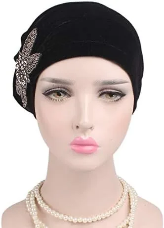 Miniatura 2 de YiYi Operation Gorro de terciopelo elástico para mujer, gorro de quimioterapia con cuentas de flores para el cabello