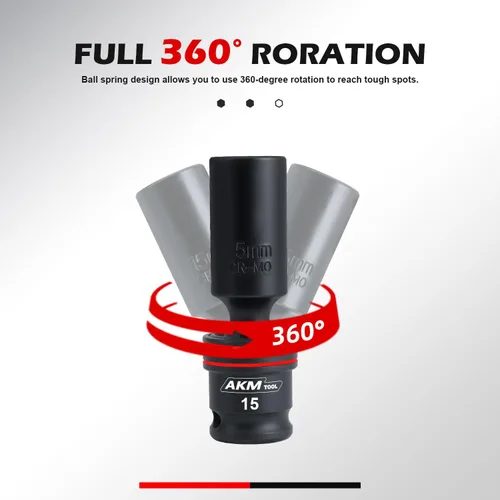 Miniatura 5 de Juego de llaves de impacto universales de 3/8 pulgadas, juego de 17 piezas de dados giratorios profundos, zócalos oscilantes, flexibles, 6 puntos