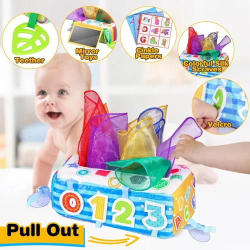Miniatura 2 de Caja de pañuelos para bebé, caja de pañuelos Montessori suave, juguetes para bebés de 6 a 12 meses, bufandas de seda sensoriales de papel arrugado