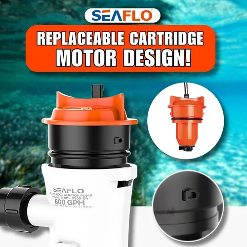 Miniatura 8 de SEAFLO Bomba aireadora Baitwell/Livewell Serie 04 de 800 GPH con entrada recta, 12 V CC, motor de cartucho reemplazable para agua salada/dulce