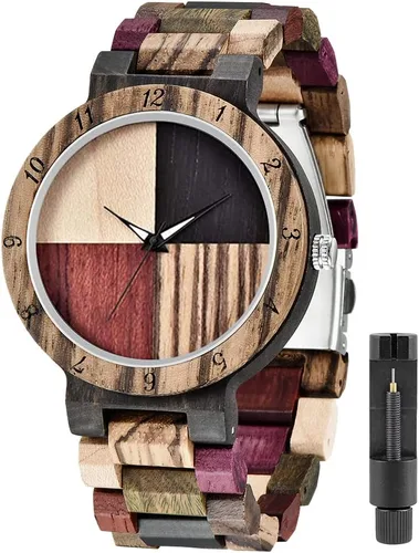 Relojes de madera de la marca Tiong para hombre con reloj de madera de bambú colorido hecho a mano, reloj de cuarzo analógico con fecha para hombre