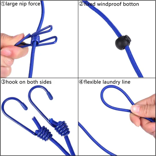 Miniatura 2 de Tendedero portátil de viaje, elástico ajustable para viajes, camping, tendedero retráctil con 12 clips para uso en exteriores e interiores (azul)