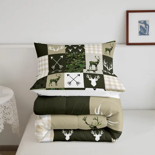 Miniatura 43 de Juego de edredón de cuernos de ciervo tamaño individual, juego de ropa de cama rústica de granja con huellas de oso y pinos para decoración