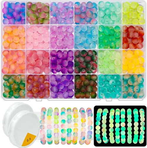 Cuentas de vidrio que brillan en la oscuridad para hacer joyas, 600 cuentas de 0.315 pulgadas con 24 rejillas de piedras preciosas de cristal, 24