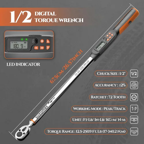 Miniatura 8 de Llave dinamométrica digital SUZUME (12.5-250.9 pies-libras / 17-340.2 N.m) ±2% Llave dinamométrica digital de alta precisión de 1/2 unidad de doble