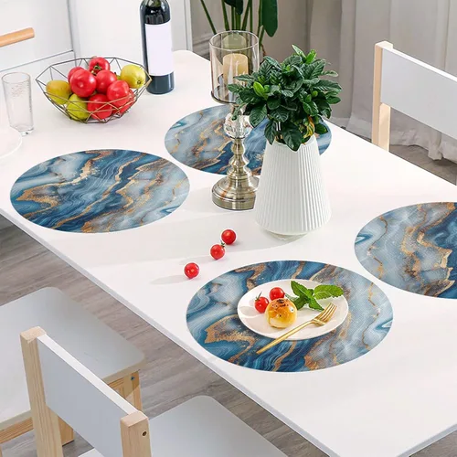 Miniatura 6 de Mantel individual redondo de mármol azul dorado, lavable para mesa de comedor para cocina (talla única x 1)