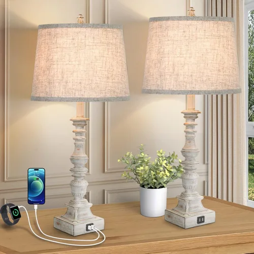 Miniatura 11 de Juego de 2 lámparas de mesa de granja de 27.5 pulgadas, lámparas rústicas de dormitorio para mesita de noche con carga USB doble, lámparas