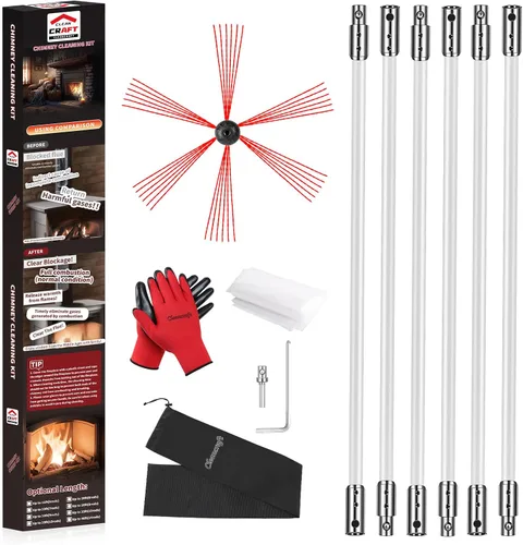 Miniatura 9 de Kit de limpieza de chimenea de 16 pies, kit de limpieza de chimenea con 5 varillas de chimenea flexibles, sistema de limpieza de chimenea giratorio