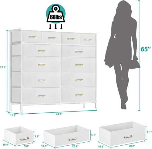 Miniatura 3 de VASICAR Cómoda con 12 cajones profundos para dormitorio, cómoda alta de tela, gabinete de almacenamiento para armario, guardería, mesita de noche