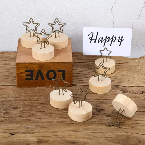 Miniatura 3 de Yaomiao Paquete de 15 portatarjetas de madera con base de madera, alambre de hierro rústico, soporte para púas de fotos, soporte para decoración