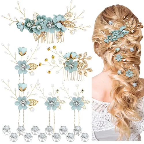 Miniatura 9 de Cinaci - 18 piezas de peines laterales para el pelo con diamantes de imitación y perlas en color burdeos para novias, para fiestas de boda, clips