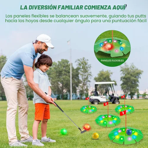 Miniatura 2 de Juego de golf iluminado VATOS - Mini juguete de golf con brillo con 4 agujeros LED, 4 bolas (2 brillantes), putter extensible, construye tu propio