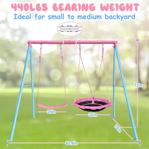 Miniatura 3 de JYGOPLA Juego de columpios para niños de 2 asientos con capacidad de 440lbs para el patio trasero, 1 columpio de árbol de platillo de 32 pulgadas, 1