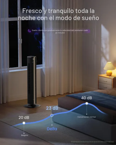 Miniatura 5 de Della 42" Ventilador de torre inteligente, ventilador de enfriamiento ultra silencioso de 23dB con 12 velocidades, oscilación de 90°, flujo de aire