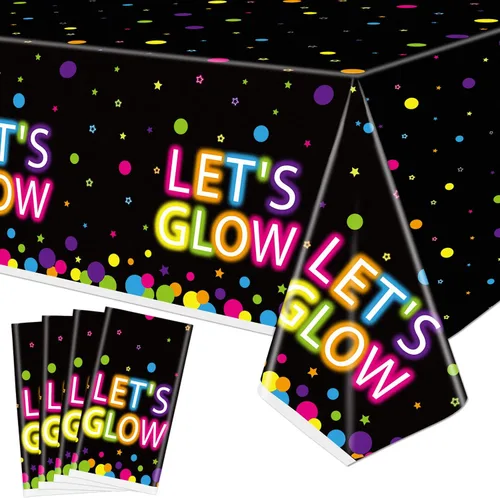 Paquete de 4 manteles de fiesta que brillan en la oscuridad, fundas de plástico fluorescente de plástico neón para mesa de cumpleaños, manteles con
