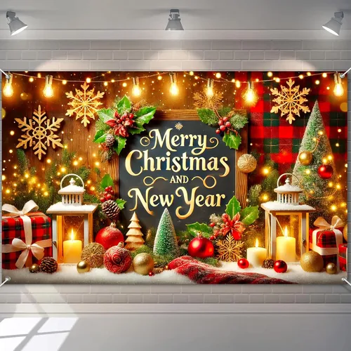 Miniatura 11 de BlissYard Cartel de Feliz Navidad de 71 x 43 pulgadas, fondo rojo y dorado, caja de regalo, fondo de fotografía, fondo de fotografía para interiores
