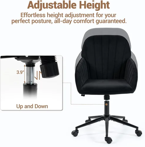 Miniatura 7 de Silla de Oficina para Hogar, Silla Moderna de Maquillaje de Terciopelo con Base Dorada y Ruedas, Silla de Escritorio Giratoria con Altura Ajustable