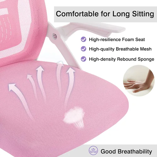Miniatura 6 de VECELO Silla de oficina ergonómica giratoria de respaldo medio con brazos ajustables, soporte lumbar de malla para trabajo de computadora, rosa