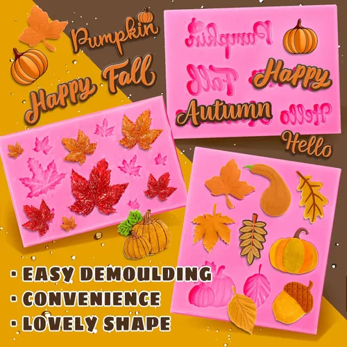 Miniatura 3 de Whaline Paquete de 3 moldes de fondant de otoño, calabaza, hojas de arce, moldes de silicona de resina de caramelo de otoño para hornear chocolate