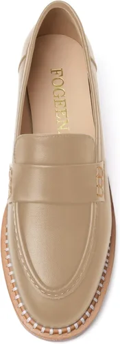 Miniatura 3 de FOGEENA Mocasines de cuero mate para mujer, estilo casual, sin cordones, punta redonda, tacón bajo grueso, zapatos de vestir de 1 pulgada