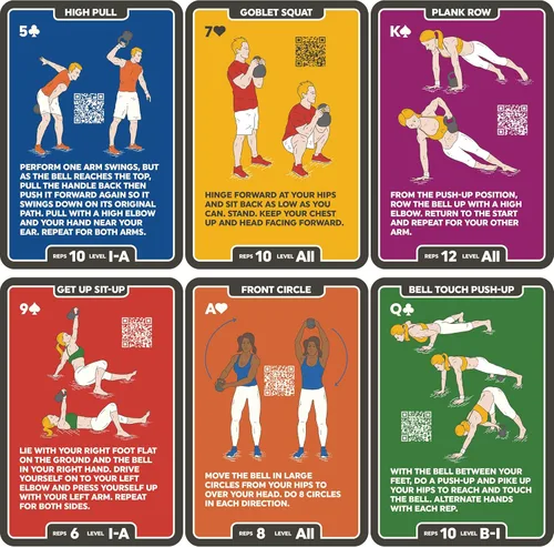 Miniatura 3 de Tarjetas de ejercicio Stack 52 con pesa rusa. Juego de cartas para entrenamiento de peso corporal. Incluye instrucciones en video. Aprende Mega Pack