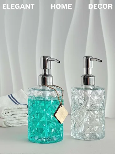 Miniatura 6 de JASAI Paquete de 2 dispensadores de jabón de vidrio en relieve de diamante con bomba de acero inoxidable 304 a prueba de óxido, dispensador de jabón