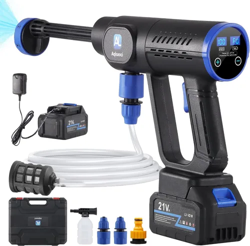 Lavadora a presión inalámbrica, lavadora de presión de 1450 PSI sin escobillas portátil con pantalla LCD y presión ajustable, baterías recargables
