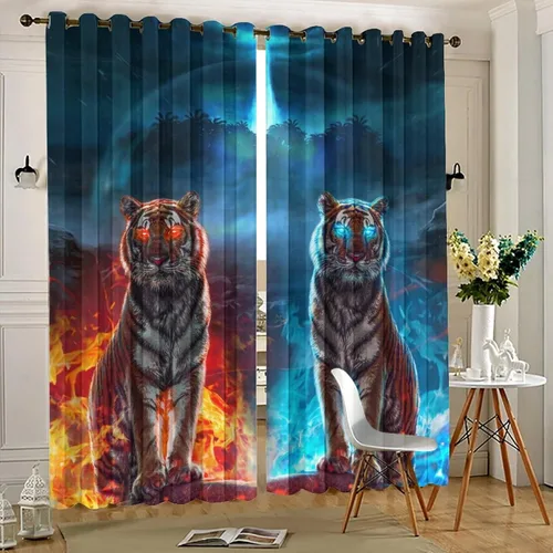 Miniatura 5 de Cool King of The Forest - Cortinas opacas con diseño de tigre anime, fantasía, animal, fuego, tigre, hielo, con ojales, ahorro de energía, 2