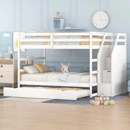 Miniatura 16 de Harper & Bright Designs Literas de tamaño individual sobre matrimonial, litera con escaleras y nido, literas de madera con estante de almacenamiento
