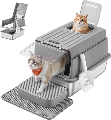 Feandrea Caja de arena para gatos de acero inoxidable con tapa abatible, alfombrilla y caja, 2 puertas, cuchara, para gatos de hasta 33 libras, gris
