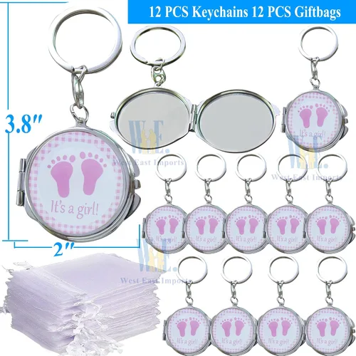 Miniatura 2 de 12 llaveros de espejo compacto para baby shower, con bolsa de organza, diseño de huella rosa