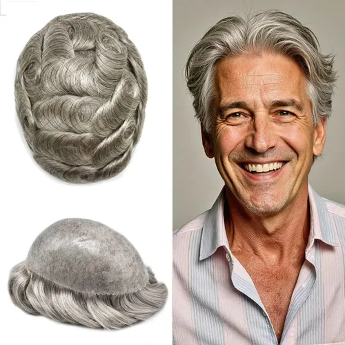 Miniatura 42 de Toupee - Sistema de reemplazo de cabello humano real de 0.004 in para hombres, con inyección, poliuretano duradero, piel fina, línea capilar